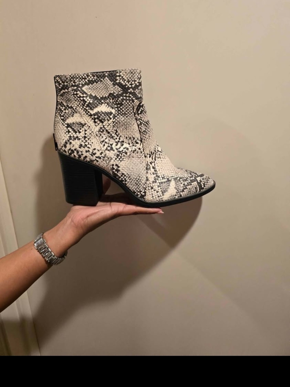 Snake-Print Block Heel Ankle Bootie in White/Black